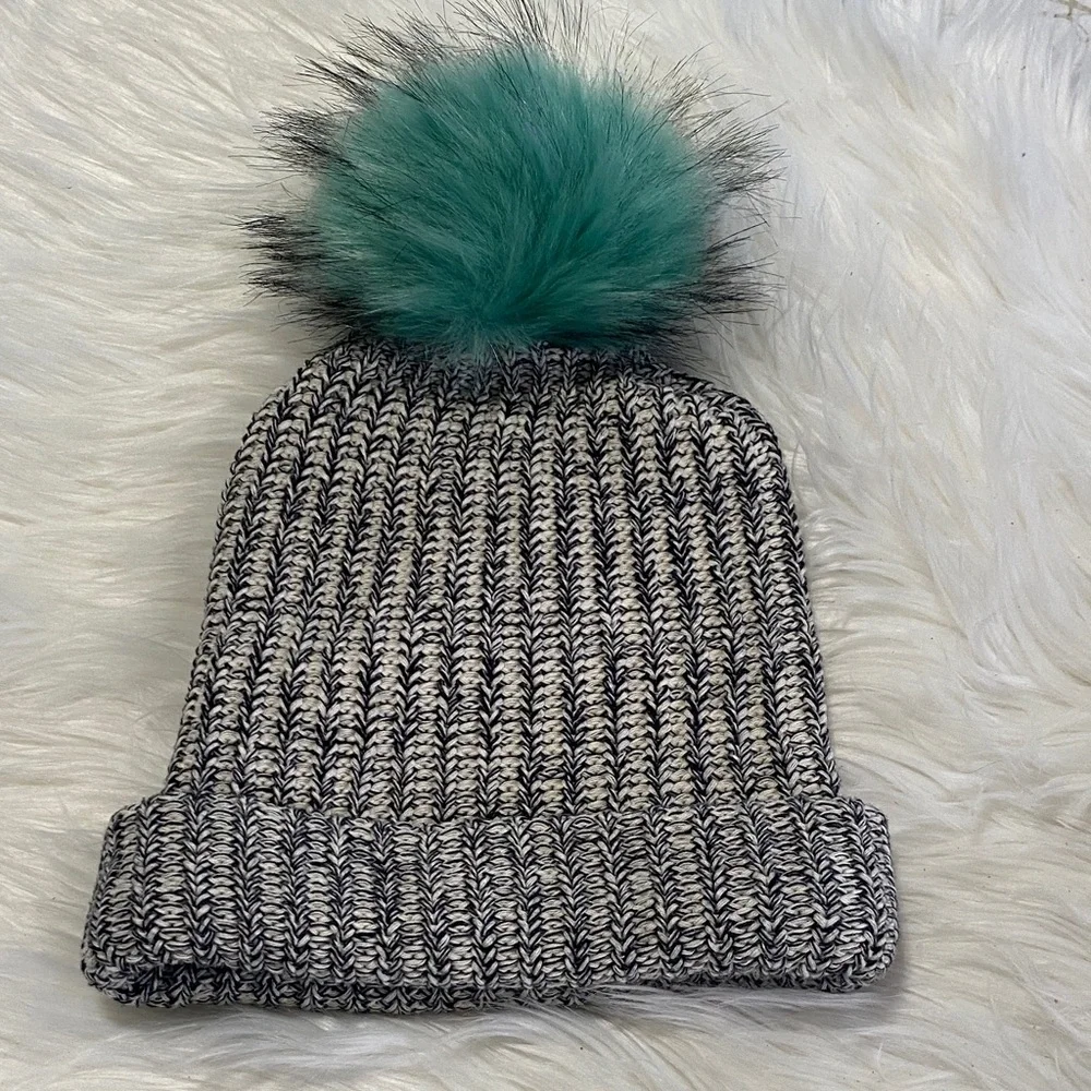Love Your Melon black and white Beanie with Teal Pom-Pom - Picture 3 of 4